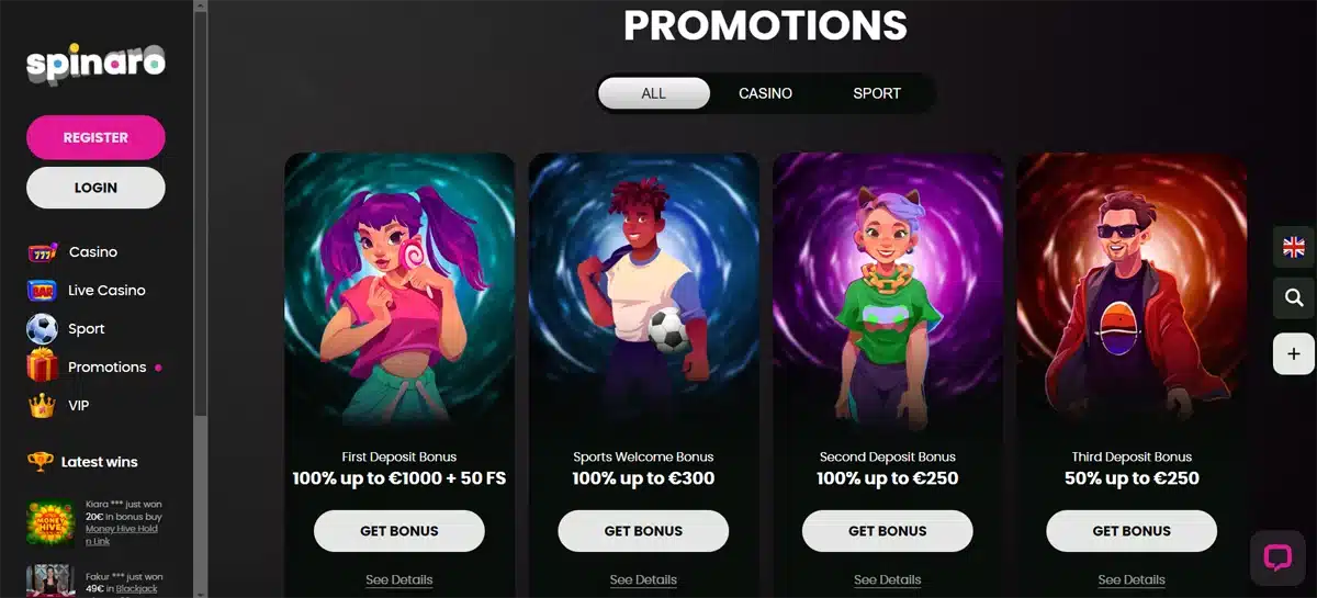 Bonuses Spinaro Casino