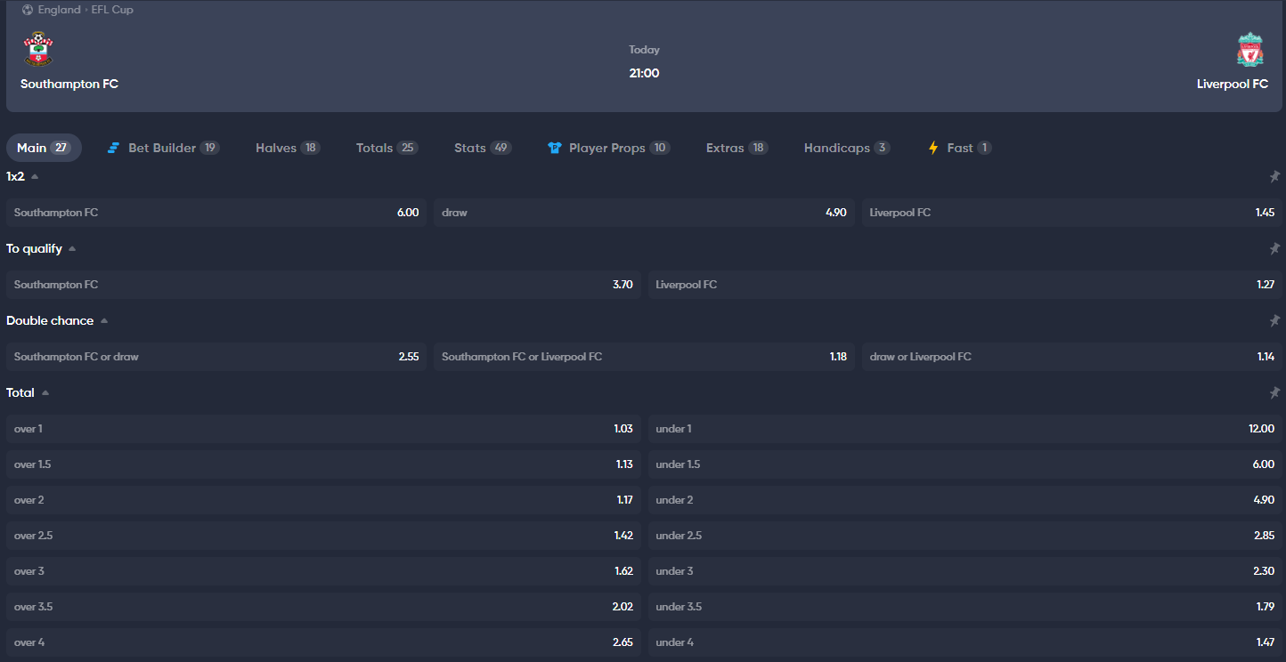 Southampton Liverpool EFL Carabao Cup 2024 december Instant Casino