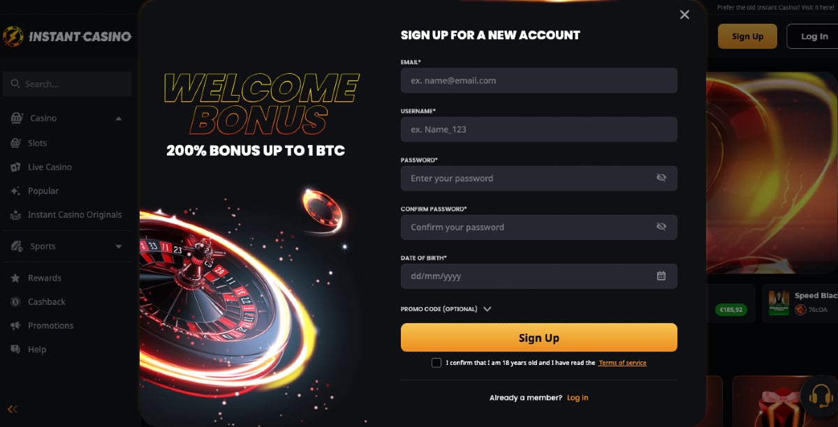 Instant Casino regisztráció